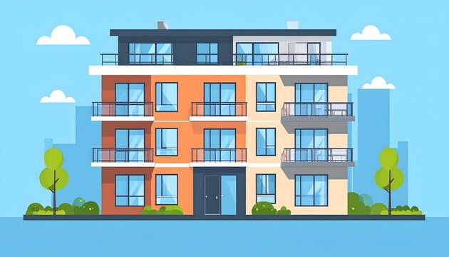 Urban condominium illustration with balconies and modern city environment