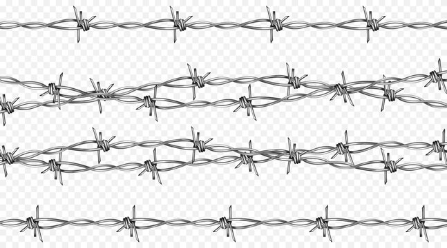 Barbed wire fence with sharp metal spikes and twisted steel elements. Vector illustration of realistic security barrier design with razor edges and thorny fortification for prison perimeter protection