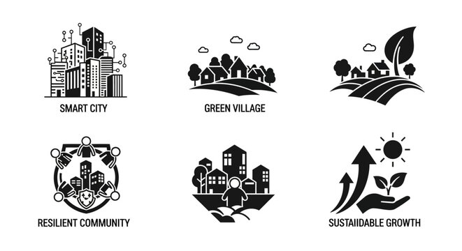 Sustainable Urban and Rural Development Icons: Smart City, Green Village, Resilient Community, Growth