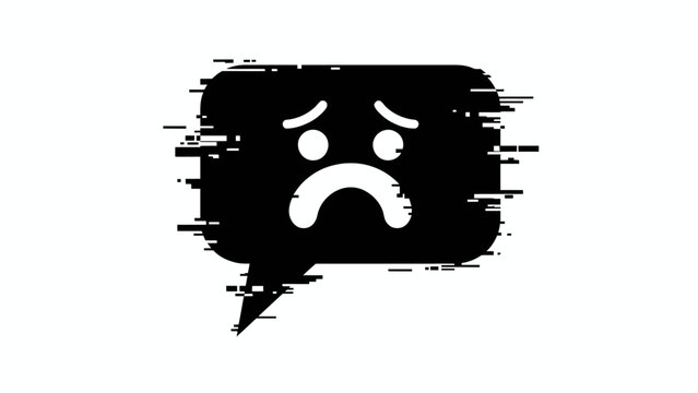 Sad face emoji in glitched black speech bubble for cyberbullying and online toxicity vector