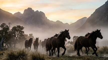 Obraz premium Wild horses running through foggy valley at dawn, motion blur, dramatic natural scenery, realistic wildlife action photography