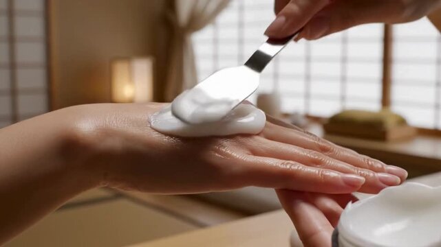 Close-up of white cosmetic cream being applied to skin with a metal spatula for a dermatological test