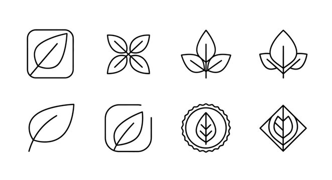 Set of minimalist leaf icons in simple black line art style