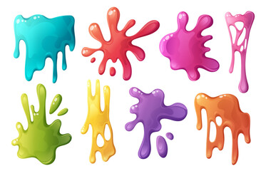 Fototapeta premium Slime vector illustration with colorful jelly splash and sticky liquid drip texture. Gooey green blob and pink goo - spooky halloween monster frame with toxic cartoon slime drops on white background.