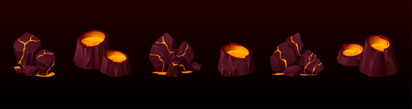 Lava crack with molten magma flowing through volcanic rock surface. Fiery hell ground texture with glowing orange fissures and broken stone pattern. Abstract vector lava effect for game ui design.