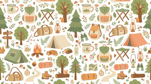 Flat Style Camping and Outdoor Adventure Seamless Pattern with Nature Elements and Hiking Gear