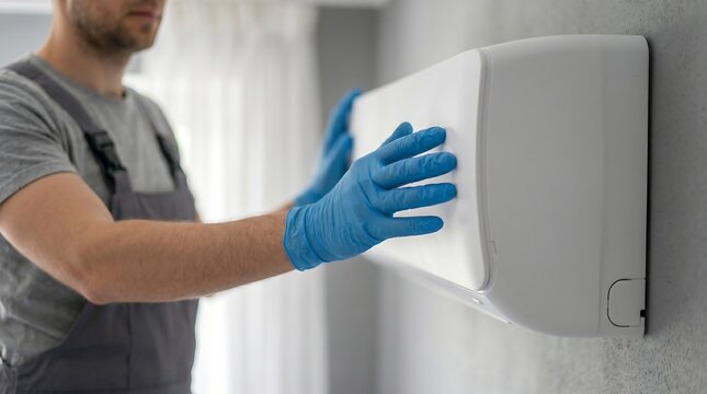 Man wipes air conditioner with blue gloves. Focused on cleaning, he works carefully. Wall-mounted unit is clean and modern. Ideal for home maintenance or service ads