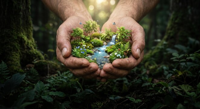 Close up of hands holding a tiny thriving forest and river landscape conceptual art