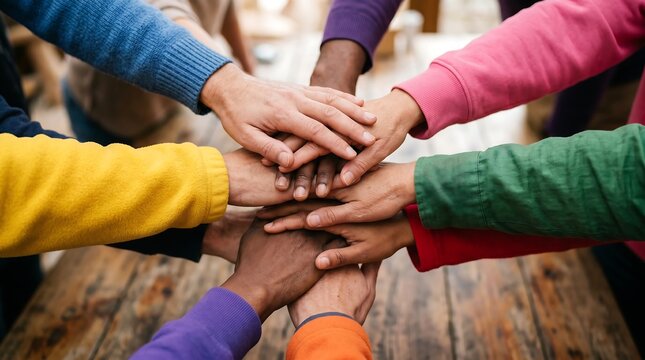 Hands join center, showing unity and support. Colors reflect diversity, warmth, and togetherness. Wooden floor adds rustic, grounded feel. Emotions feel calm, cooperative, and trusting