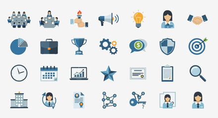 Obraz premium Business Icons Set: Teamwork, Success, Strategy, Finance, Planning, Management