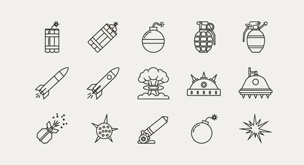 Naklejka premium Explosive Icons Set: Bombs, Grenades, Rockets, Nuclear Explosion, Dynamite