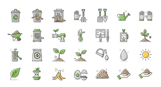 Gardening Icons: Compost, Plants, Tools, Watering, Fertilizer, Sun, Soil