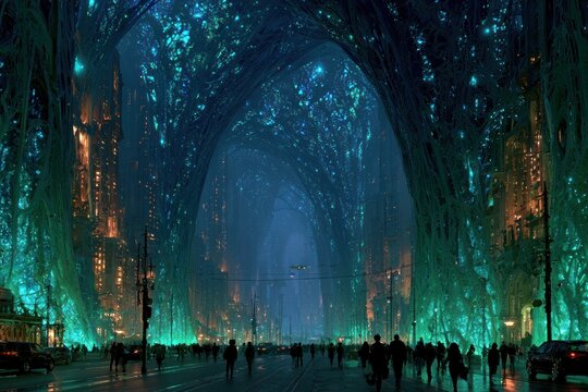 futuristic cityscape with glowing trees at night