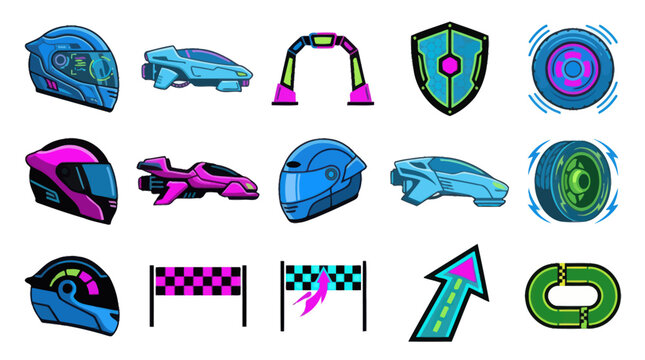 Futuristic Racing Game Icons Set: Helmets, Hovercars, Wheels, Flags  Shields in Flat Vector Cartoon Style