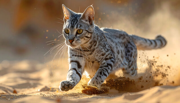 Egyptian Mau cat caught in a full speed sprint across a sandy courtyard with green eyes and silver spotted fur generative AI