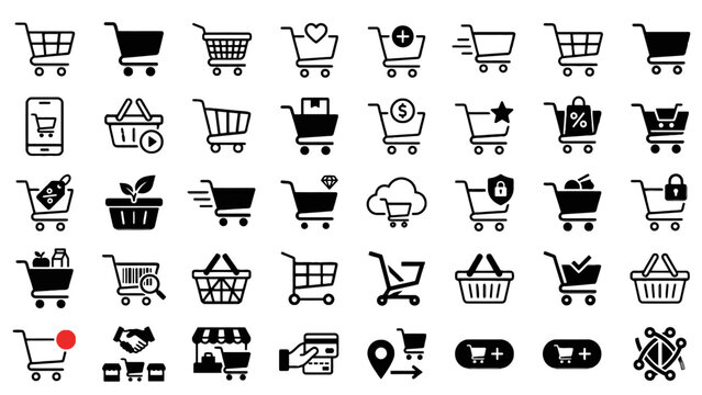 Shopping cart icon set, black e-commerce basket symbols for online retail, 40 web store UI elements for digital marketing and checkout apps
