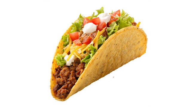 Delicious traditional Mexican taco filled with minced beef meat cheese and fresh vegetables on transparent background