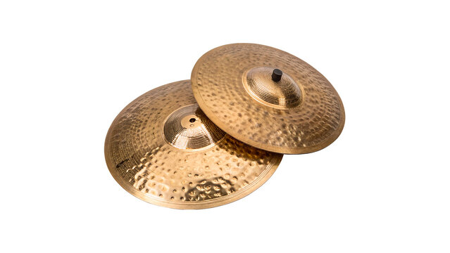 Pair of shiny golden brass cymbals musical percussion instruments for professional orchestra concert band on transparent background