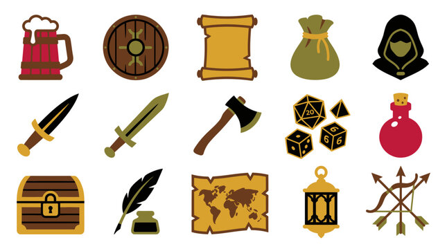 Flat Design Fantasy RPG Adventure Game Vector Icon Set - Medieval Weapons, Tools, Magic  Character Elements