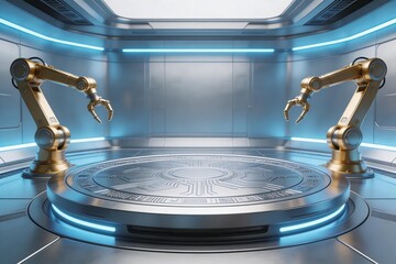 Obraz premium Futuristic robotic arms in a hightech chamber