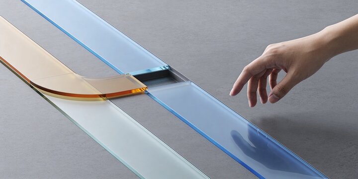 Frosted glass routing lanes with amber branch blue channel and cropped hand on graphite surface for clean business technology background