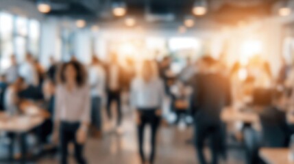 Fototapeta premium Blurred background of a busy, modern office environment with diverse people working and interacting