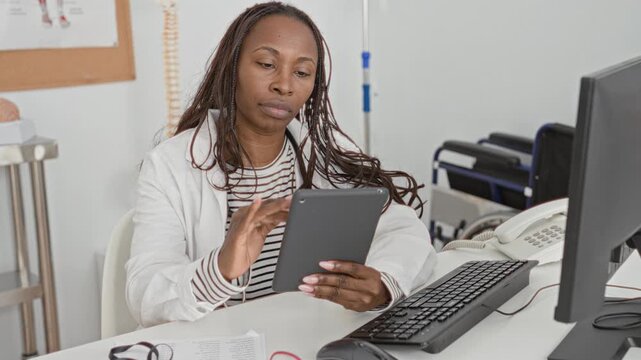 Woman doctor wearing stethoscope taps tablet at desk with computer in building; focused clinical care.
