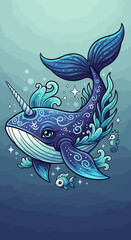 Whimsical Narwhal Unicorn Whale Swimming Underwater with Seahorse and Fish © Wahyu