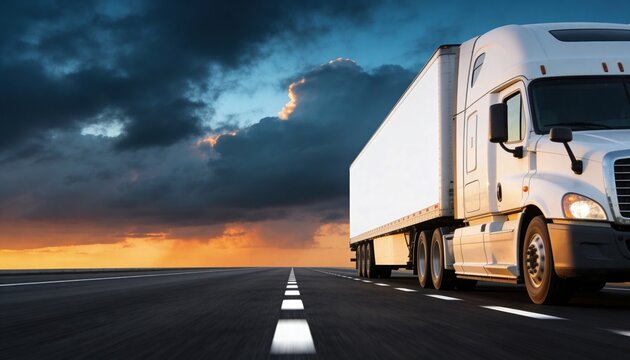 A large white semi-truck drives on an empty highway under a dramatic sky at sunset. The road is marked with white lines and stretches into the distance.