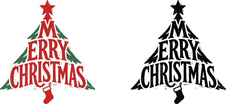 Merry christmas tree graphic with star and stocking on white background