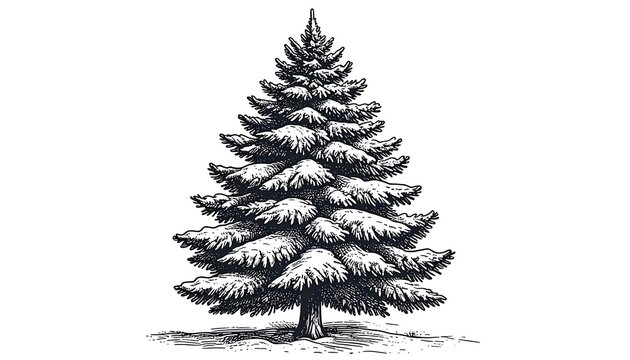Snowy pine tree in winter landscape.