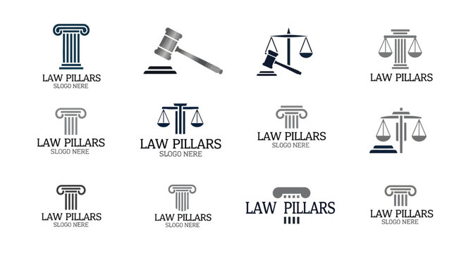 Legal Icons Set: Pillars, Scales of Justice, Gavel, Law Firm Logos