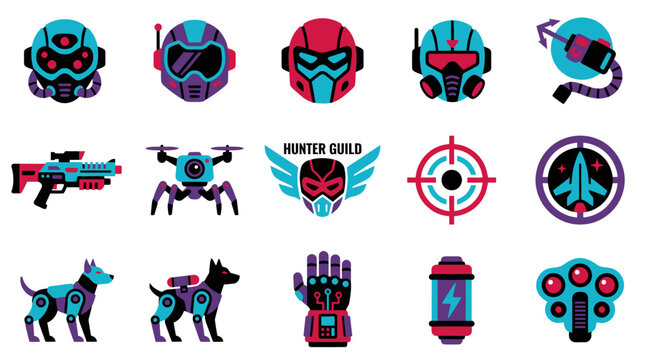 Futuristic Sci-Fi Hunter Guild Gaming Gear and Cybernetic Characters Flat Design Vector Icons