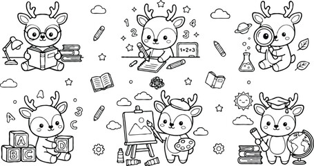 Fototapeta premium Cute Little Deer Set Engaged In Various School Academic Activities Such As Reading Writing And ArtsPrint
