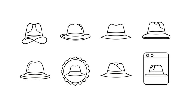 Set of fedora hat icons in clean black line art style