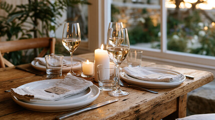 Fototapeta premium Candlelit dinner table set for a Father's Day family meal, place settings arranged for four with a small handwritten card tucked under a linen napkin, rustic wooden dining table and window with even