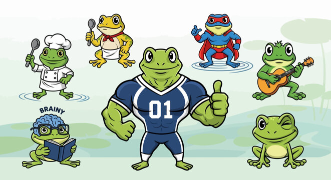Diverse Frogs Collection: Chef, Musician, Superhero, Reader, Athlete