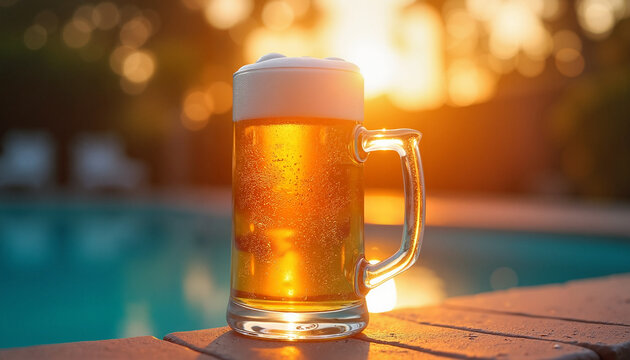 Golden beer mug by poolside at sunset, refreshing relaxation