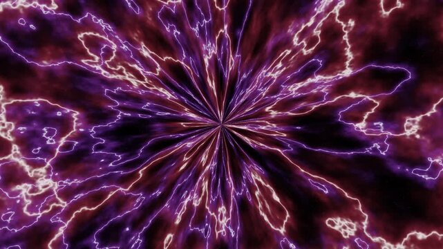 Abstract energy portal animation with radial neon discharges imploding into the center. Seamless loop vortex of electric plasma flashes and lightnings for music videos and presentations.
