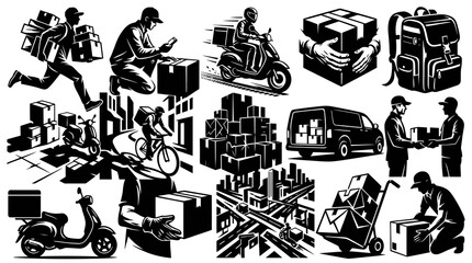 Obraz premium Monochromatic Delivery and Logistics Icons: Couriers, Packages, and Transportation Service Graphics