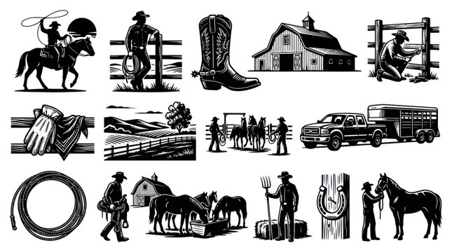 Black and White Western Cowboy Ranch Farm Horse Icon Set