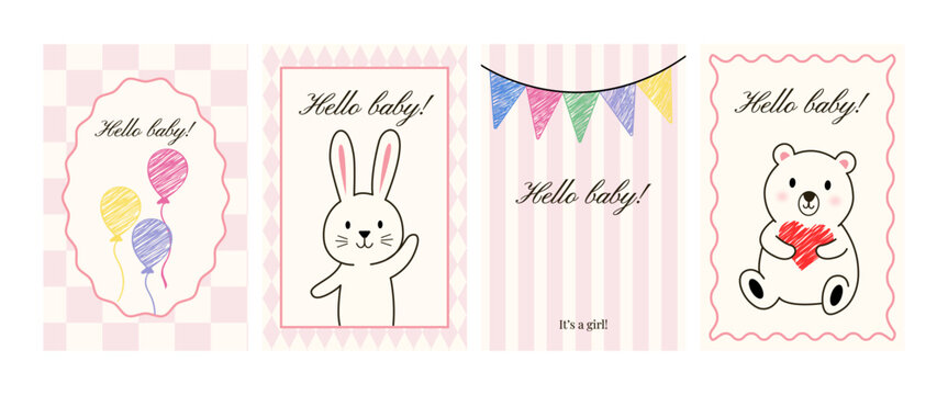 baby girl postcard set, cute printable greeting cards for baby shower, invitations and web design
