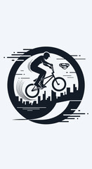 Fototapeta premium BMX Rider Silhouette in Circular Frame with City Skyline and Motion Blur