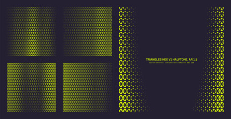 Assorted vector triangles hexagonal grid lime black contrast halftone pattern set in square 1:1 aspect ratio including smooth faded frame and varied textures. Half tone mod design elements collection © yamonstro