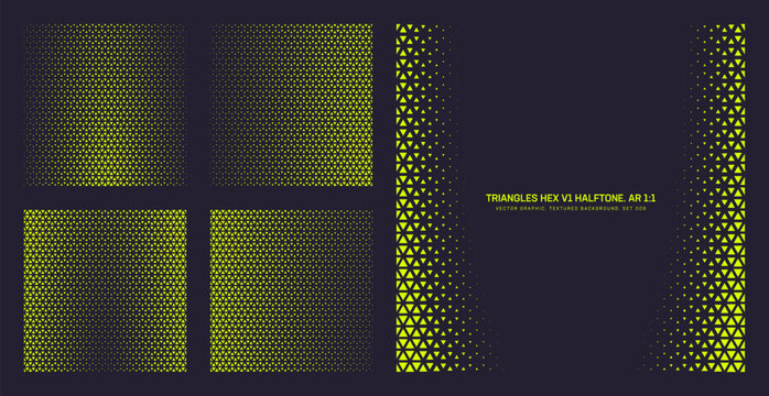Assorted vector triangles hexagonal grid lime black contrast halftone pattern set in square 1:1 aspect ratio including smooth faded frame and varied textures. Half tone mod design elements collection
