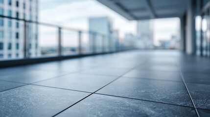 Naklejka premium Modern Balcony Overlooking Cityscape with Tiled Floor and Glass Railing