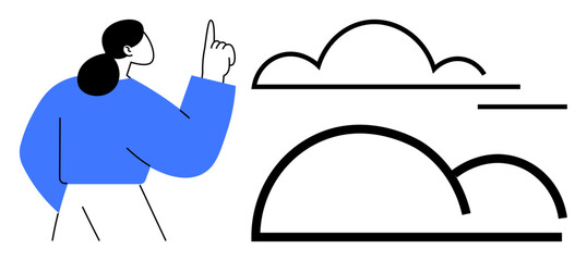Idea generation, creativity, innovation, climate, inspiration, simplicity. A woman pointing toward abstract geometric clouds. Idea generation and creativity with minimal art © robu_s