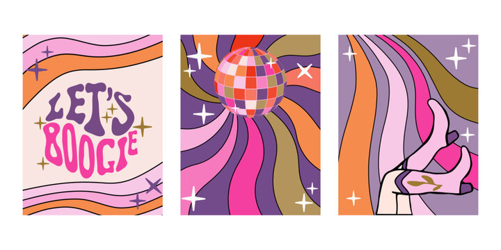 Retro disco vector poster collection for prom and graduation ball. Nostalgic background set with disco ball, go-go boots, wavy patterns, and sparkles