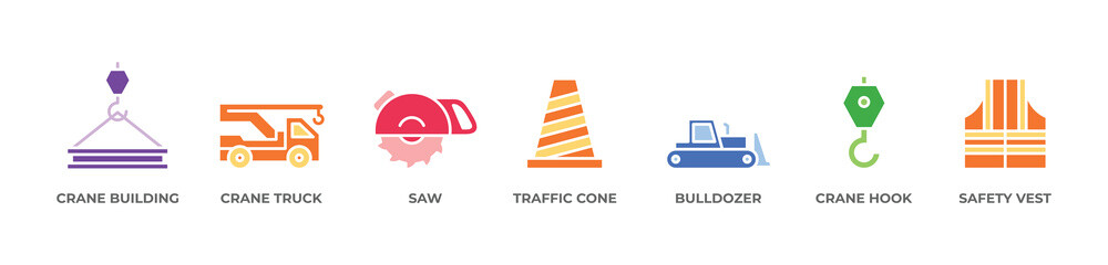 Fototapeta premium Smart and Safe Construction Icons set vector illustration glyph color with Crane building, Crane truck, Saw, Traffic cone, Bulldozer, Crane hook, Safety vest