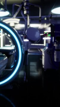 The scene shows a medical facility with advanced equipment featuring bright blue lighting. Various machines and tools are arranged in a systematic layout. The environment appears clean and organized.